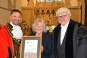 Accepting the award at the Civic Service, Mayor Steve Watts, with Elisabeth Skinner MBE chairman of the Society of Local Council Clerks, and Town Clerk Johnathan Bourne