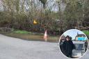 The large flooded pothole in Wiltshire and Michael Maxwell (inset)