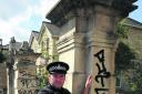 Sgt Kane Fulbrook- Smith is appealing for witnesses after Grade II listed  pillars were defaced in Place Road Melksham