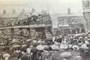 Swindon’s new fleet of trams parade through the town during the grand opening of the tramway system on September 22, 1904
