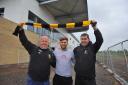 Melksham Town chairman Dave Wiltshire (right), with manager Darren Perrin (left) and assistant manager Kieran Baggs