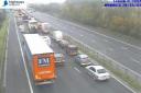 Traffic queues on the M4 after a van and car crashed. Picture: Motorwaycameras.co.uk