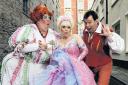 Barbara Windsor as Fairy Bowbells with Eric Potts as Sarah the Cook and Andy Ford as Idle Jack in Dick Whittington at Bristol Hippodrome