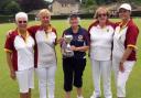 Box's Jean Collier, Michele Williams, Jane Taylor and Debbie Shadwell pictured with county president Ruth Gerrish after winning the ladies national county fours title