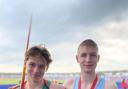 Corsham School’s Theo Spurrell (left) and competitor Luke Ball holding up their medals after the former’s victory in the inter boys’ javelin at the English Schools’ Track & Field Championships