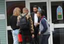 Richie  Anderson  with Giovanni  Pernice outside the school in Devizes