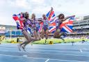 Devizes hurdler Ophelia Pye (second from right) and her GB teammates following their bronze medal in the 4x400m at the World U20 Championships in Cali, Colombia Photo: Marta Gorczynska
