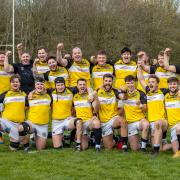 Devizes men's first XV celebrate winning the Southern Counties South title last weekend following a crushing victory over Swindon College Old Boys 			               Photo: Simon Folkard