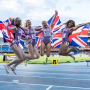 Devizes hurdler Ophelia Pye (second from right) and her GB teammates following their bronze medal in the 4x400m at the World U20 Championships in Cali, Colombia Photo: Marta Gorczynska