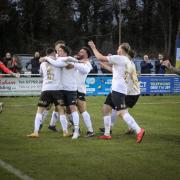 Corsham Town celebrate the club’s fifth-round penalty shoot-out victory over AFC Brixham Photo: John Cuthbertson