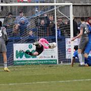 Craig Fasanmade heads home a stoppage-time equaliser against Concord Rangers on Saturday - Chippenham Town went on to beat Weymouth 1-0 in midweek                      Photo: Richard Chappell