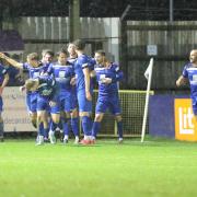 Chippenham celebrate one of three goals against Weymouth in National League South recently                Photo: Richard Chappell