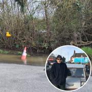 The large flooded pothole in Wiltshire and Michael Maxwell (inset)