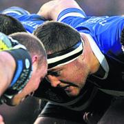 Dunn (centre) pictured in scrummaging action during his Bath debut on Saturday