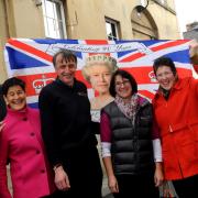 Preview of event for Queen's birthday at Devizes Town Hall. L-r are Rosemary Hawthorne (entertainer), Mike Sanders (Omnes Ad Unum), Alison Radevsky (chair of Devizes Friends of Julia House), Simon Fisher (dep town clerk), Soraya Pegden (OAU), Alice Boyd