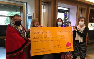 Malmesbury mayor, Paul Smith gives cheque for £1,200 to Maggie’s Cancer Charity