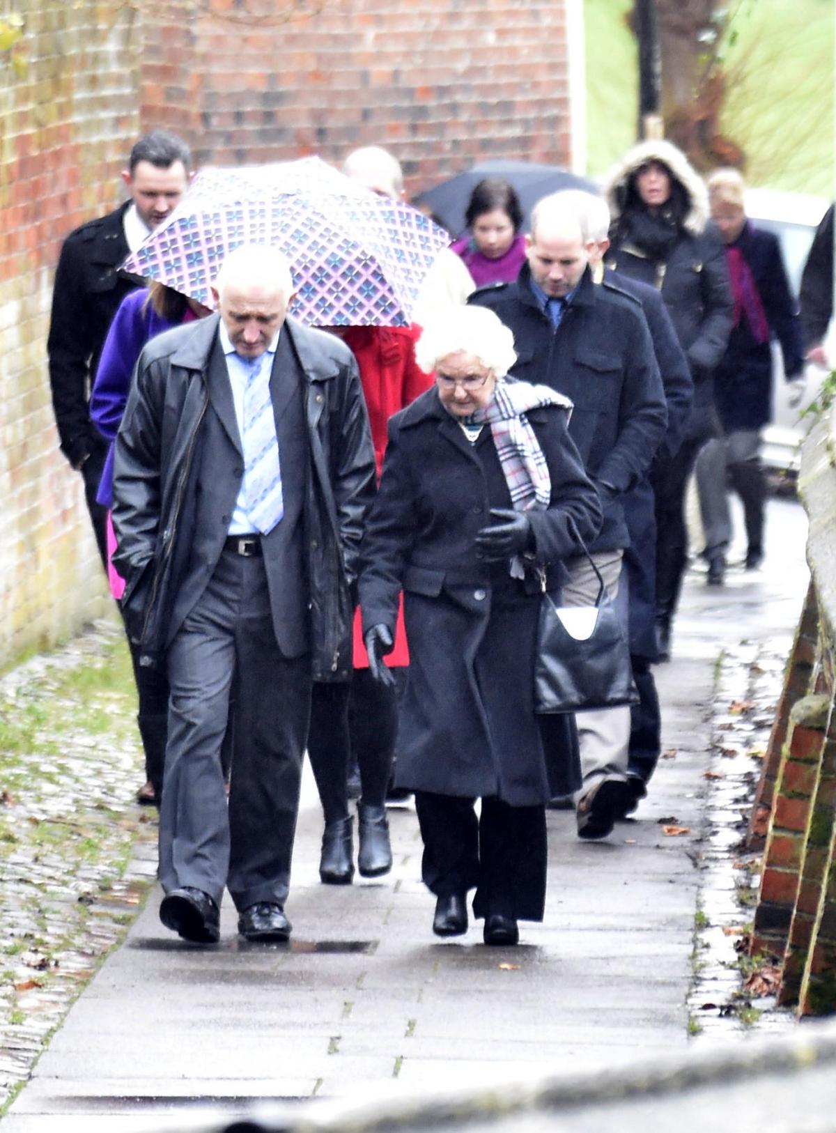 Relatives and friends arrive at the memorial service for Max Pearson at St Mary's Church, Marlborough, today. Pictures by Diane Vose