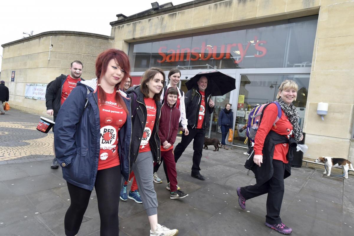 Staff from Sainsbury's in Calne taking part in a hike for Red Nose Day. Picture by Diane Vose