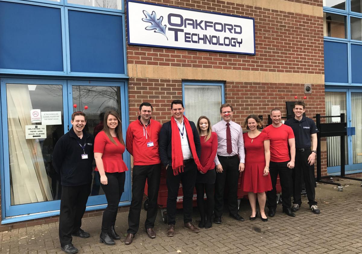 Staff at Oakford Technology getting ready for Red Nose Day