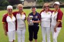 Box's Jean Collier, Michele Williams, Jane Taylor and Debbie Shadwell pictured with county president Ruth Gerrish after winning the ladies national county fours title