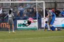 Craig Fasanmade heads home a stoppage-time equaliser against Concord Rangers on Saturday - Chippenham Town went on to beat Weymouth 1-0 in midweek                      Photo: Richard Chappell