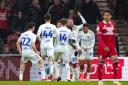 Patrick Bamford leads the celebrations after scoring Leeds United's second goal in their 4-3 win over Middlesbrough at the Riverside