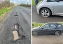 The A338 and cars that have been damaged by potholes on the road.