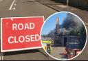 The road closure sign with a picture of the fire inset