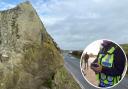 The view of police at Avebury during speed checks and a file photo of a police officer (inset)