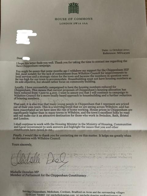 The Wiltshire Gazette and Herald: Letter to a resident written by MP Michelle Donelan