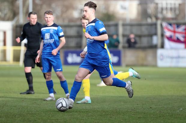 Chippenham Town’s new signing Jordan Young scored from 40 yards during the 1-0 win against Concord Rangers at the Thornbury Surfacing Stadium on Saturday               Photo: Richard Chappell