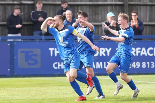 Chippenham Town captain Kieran Parselle celebrates netting the second goal during Saturday’s victory over Dulwich Hamlet Photo: Richard Chappell