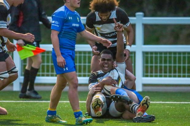 Chippenham’s Semi Nacoko celebrates after scoring in the semi-final of the Combination Cup game against Bath University last week				               Photo: Roger Rhymes