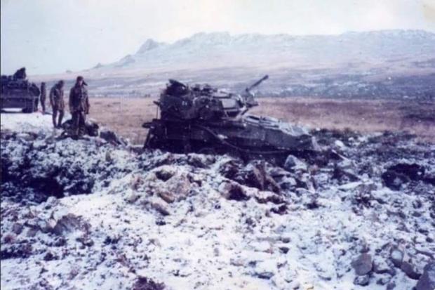 Mark Coreth's blown up Scorpion tank in the minefield