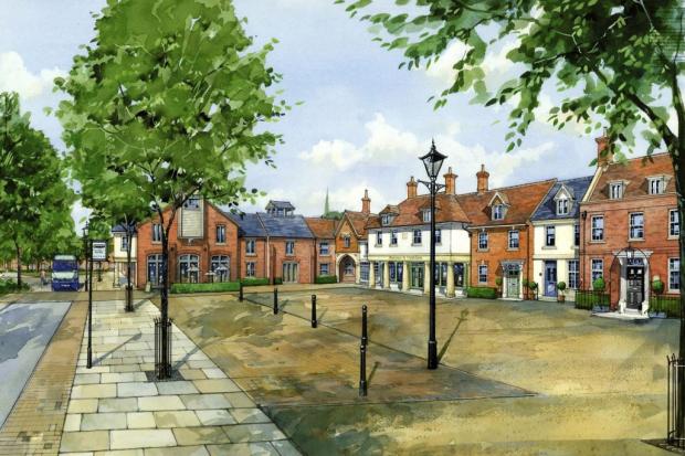 Illustration of the local centre, hub and market square at Alderholt Meadows. Image: Scott Worsfold Architects and Urban Designers