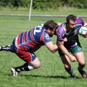 L-R Chris Barlett and Dave Church. Photo: Vicky Scipio VS2587/2..Rugby, Pewsey Vale (Green) v Minety (Blue) held at Pewsey Rugby Club. September 2017.