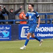Chippenham Town's Joe Hanks celebrates one of three goals against Cheshunt in National League South Photo: Richard Chappell