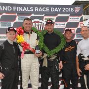 Castle Combe Finals Day. Podium placings Melksham drivers  Adrian Slade  and Simon Norris share  the Laurels  Slade wins the Championship and Norris the final race. Photo Trevor Porter 59881 15..