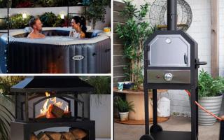 (Top left) Hot tub, gas pizza oven, outdoor pizza oven. Credit: Aldi