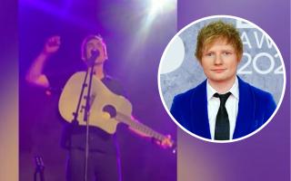 Luke Gittins on stage in Berlin and (inset) Ed Sheeran